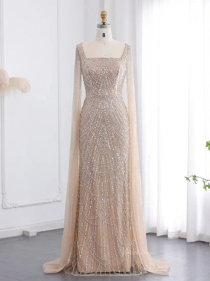 Light Blue Beaded Prom Dresses Cape Sleeve Formal Dresses Square Neck BD040-Evening Dresses 2025 -Viniodress-Champagne-US 2-