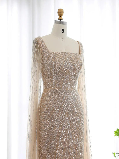 Light Blue Beaded Prom Dresses Cape Sleeve Formal Dresses Square Neck BD040-Evening Dresses 2025 -Viniodress-Light Blue-US 2-