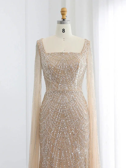 Light Blue Beaded Prom Dresses Cape Sleeve Formal Dresses Square Neck BD040-Evening Dresses 2025 -Viniodress-Light Blue-US 2-