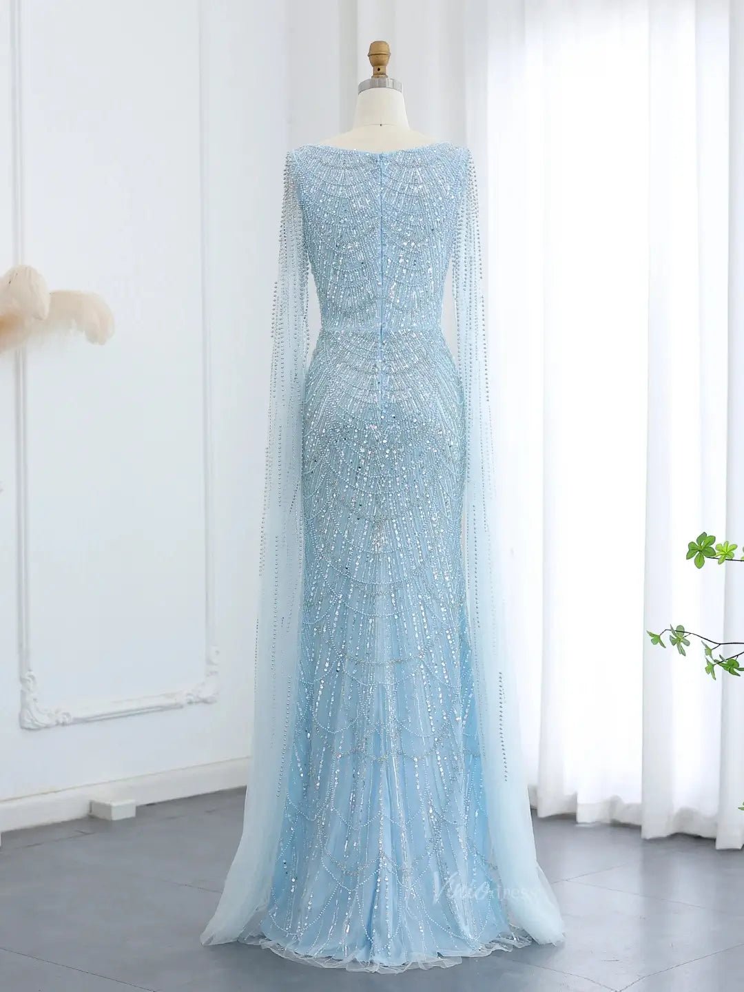 Light Blue Beaded Prom Dresses Cape Sleeve Formal Dresses Square Neck BD040-Evening Dresses 2025 -Viniodress-Light Blue-US 2-
