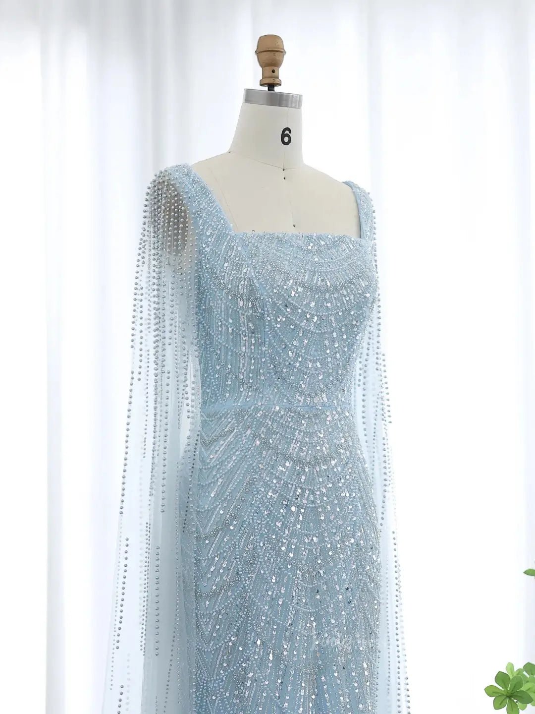 Light Blue Beaded Prom Dresses Cape Sleeve Formal Dresses Square Neck Viniodress Light Blue Beaded Prom Dresses Cape Sleeve Formal Dresses Square Neck Viniodress