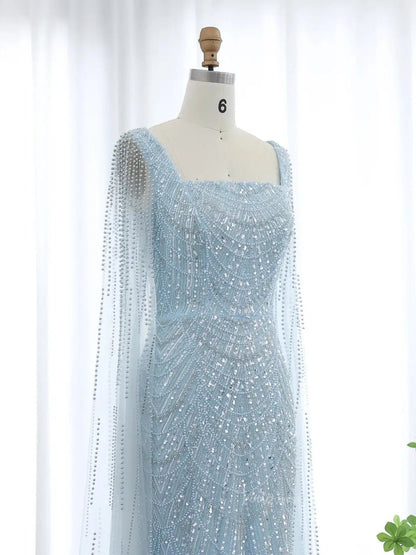 Light Blue Beaded Prom Dresses Cape Sleeve Formal Dresses Square Neck BD040-Evening Dresses 2025 -Viniodress-Light Blue-US 2-