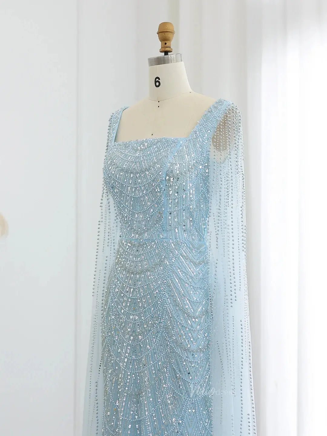 Light Blue Beaded Prom Dresses Cape Sleeve Formal Dresses Square Neck BD040-Evening Dresses 2025 -Viniodress-Light Blue-US 2-