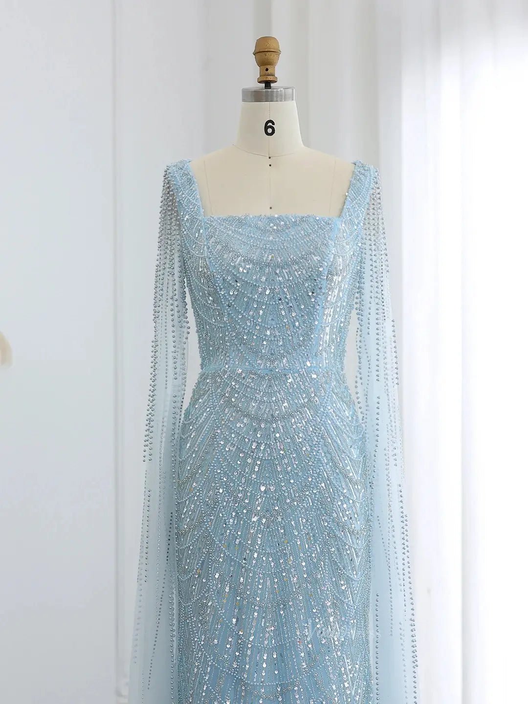 Light Blue Beaded Prom Dresses Cape Sleeve Formal Dresses Square Neck Viniodress Light Blue Beaded Prom Dresses Cape Sleeve Formal Dresses Square Neck Viniodress