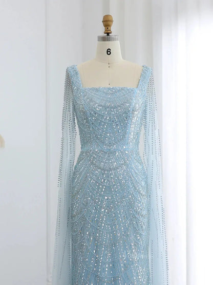 Light Blue Beaded Prom Dresses Cape Sleeve Formal Dresses Square Neck BD040-Evening Dresses 2025 -Viniodress-Light Blue-US 2-