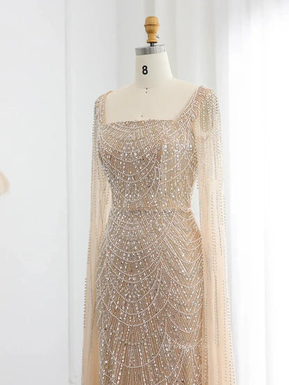 Light Blue Beaded Prom Dresses Cape Sleeve Formal Dresses Square Neck BD040-Evening Dresses 2025 -Viniodress-Light Blue-US 2-