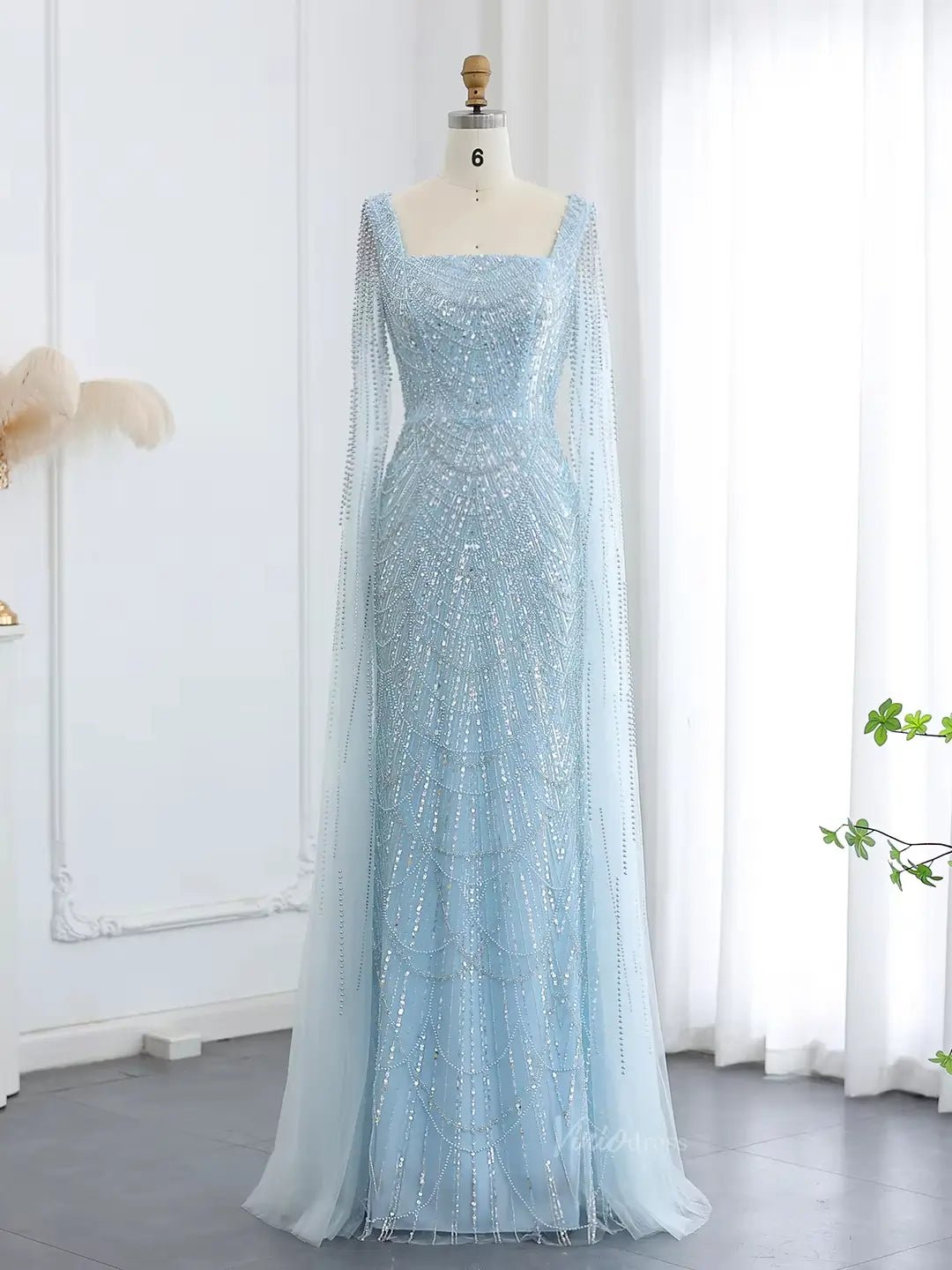 Light Blue Beaded Prom Dresses Cape Sleeve Formal Dresses Square Neck BD040-Evening Dresses 2025 -Viniodress-Light Blue-US 2-
