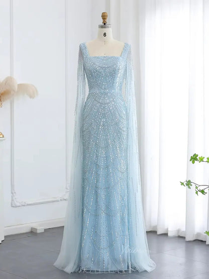 Light Blue Beaded Prom Dresses Cape Sleeve Formal Dresses Square Neck BD040-Evening Dresses 2025 -Viniodress-Light Blue-US 2-