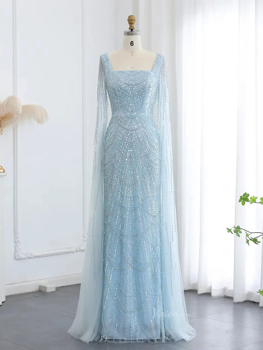 Light Blue Beaded Prom Dresses Cape Sleeve Formal Dresses Square Neck BD040-Evening Dresses 2025 -Viniodress-Light Blue-US 2-