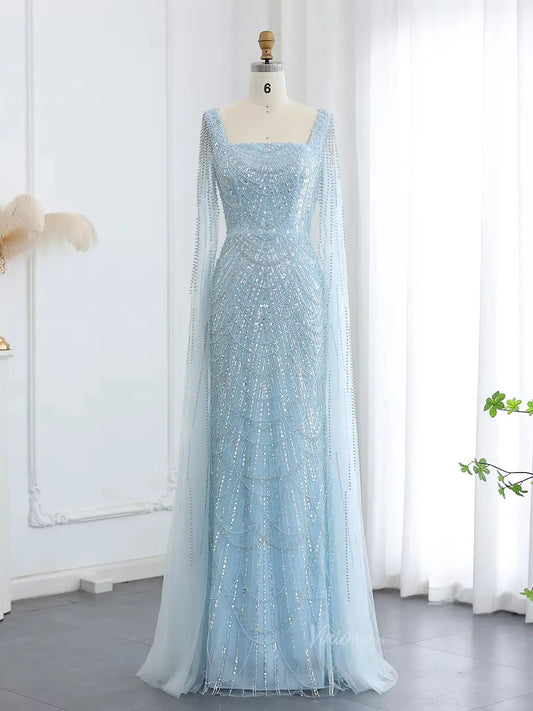 prom dresses 2025 Light Blue Beaded Prom Dresses Cape Sleeve Formal Dresses Square Neck BD040-plus size wedding dresses Viniodress-Light Blue-US 2-