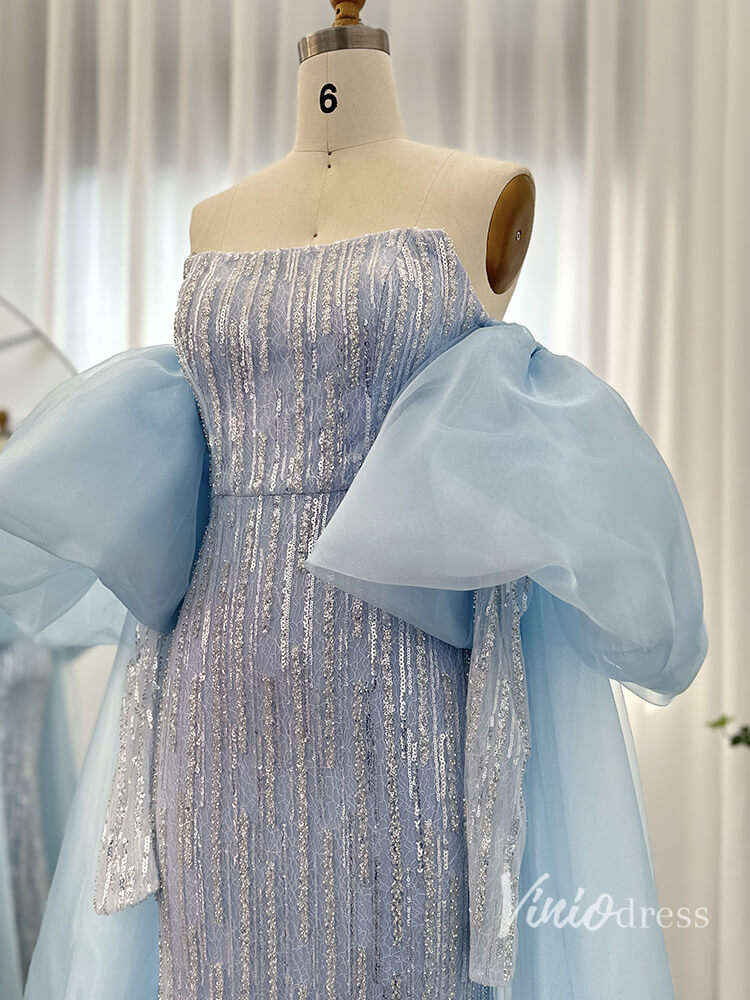 Light Blue Beaded Sequin Mermaid Evening Dresses Puffed Sleeve Pageant Dress AD1147-prom dresses-Viniodress-Viniodress