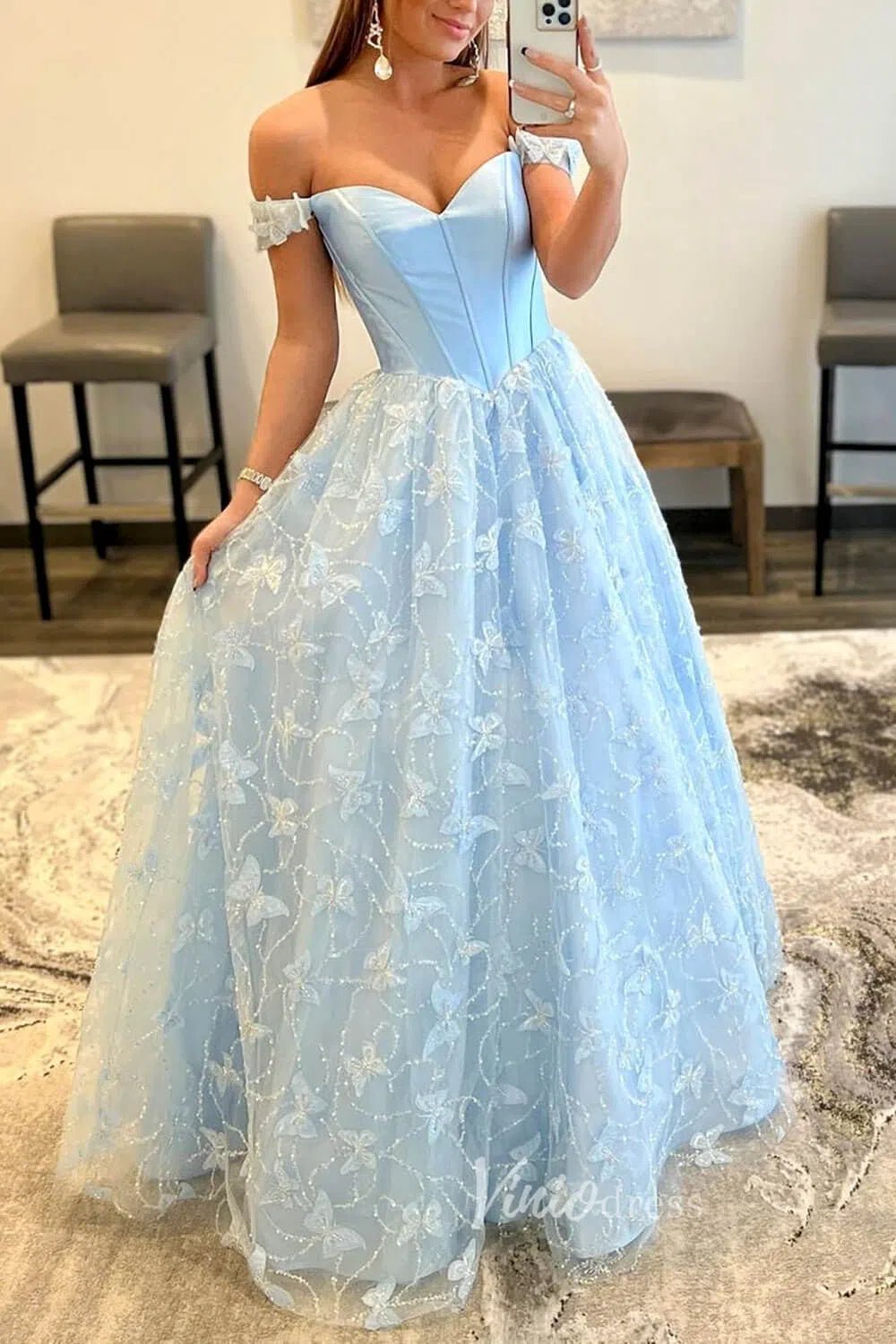 Light Blue Butterfly Prom Dresses Off the Shoulder Beaded Formal Dress FD3513 - Viniodressprom dressesLight BlueCustom Size - Formal Dresses - Ball Gowns