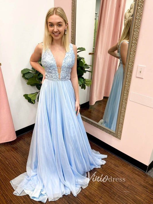 Light Blue Chiffon Prom Dresses Plunging V-Neck FD2713-prom dresses 2025 -Viniodress-Light Blue-Custom Size-