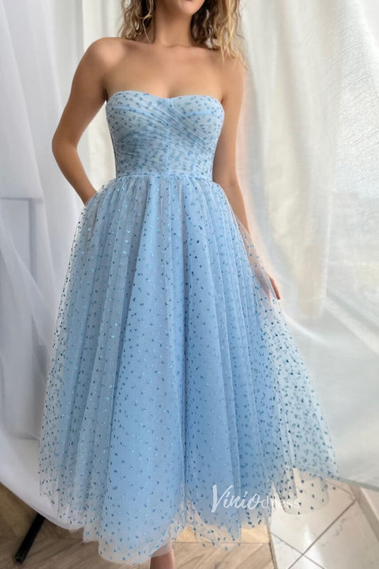 Prom Dress 2025 Light Blue Dotted Tulle Hoco Dresses Midi Length Prom Dress FD2984-unique prom dresses-Light Blue-Custom Size-Viniodress