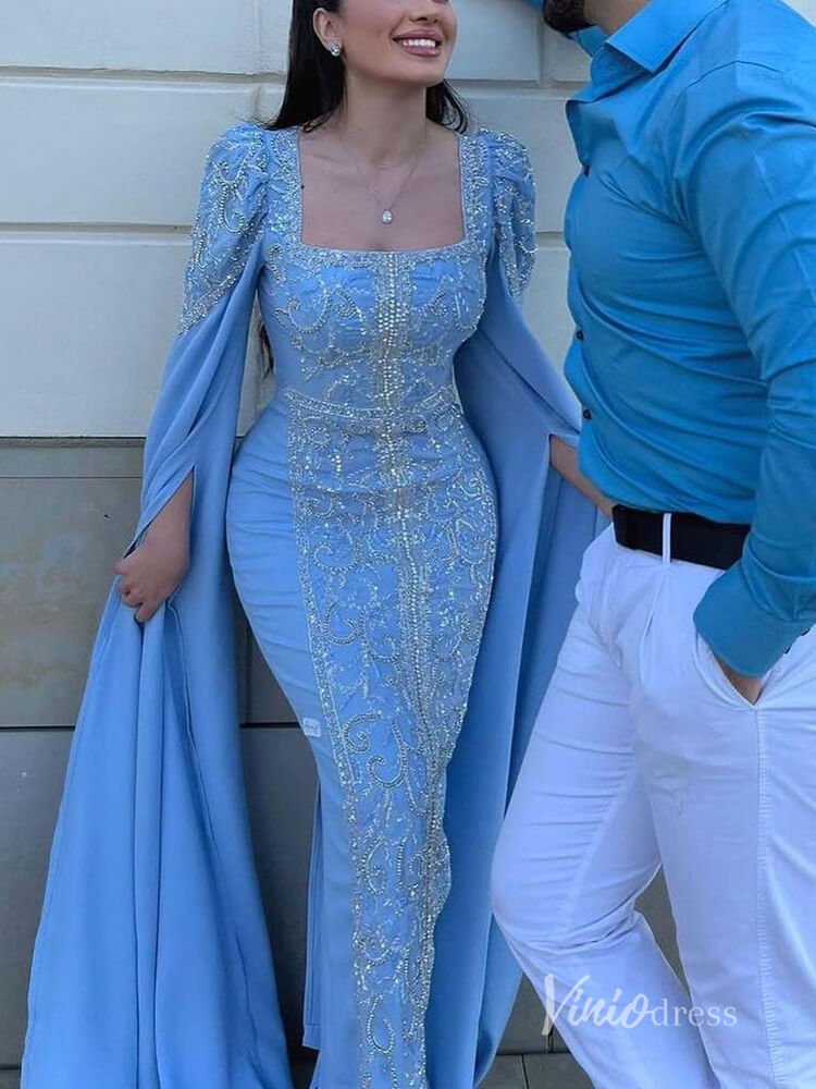 Light Blue Extra Long Sleeve Maxi Dresses Mermaid Beaded Lace Mother of the Bride Dress AD1143-Evening Dresses 2025 -Viniodress-Light Blue-US 2-