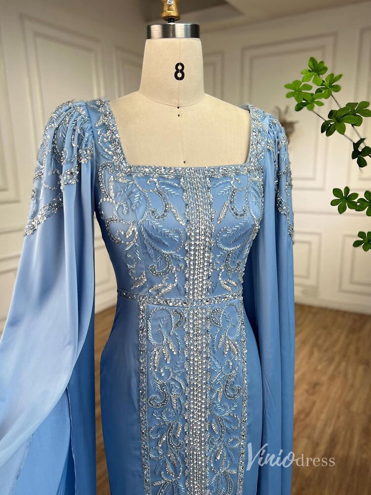 Light Blue Extra Long Sleeve Maxi Dresses Mermaid Beaded Lace Mother of the Bride Dress AD1143-Evening Dresses 2025 -Viniodress-Light Blue-US 2-