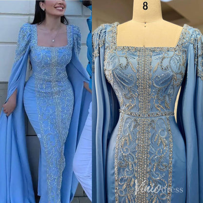 Light Blue Extra Long Sleeve Maxi Dresses Mermaid Beaded Lace Mother of the Bride Dress AD1143-Evening Dresses 2025 -Viniodress-Light Blue-US 2-