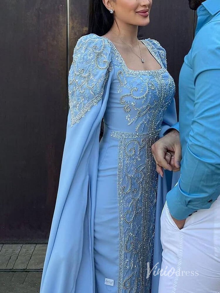 Light Blue Extra Long Sleeve Maxi Dresses Mermaid Beaded Lace Mother of the Bride Dress AD1143-Evening Dresses 2025 -Viniodress-Light Blue-US 2-