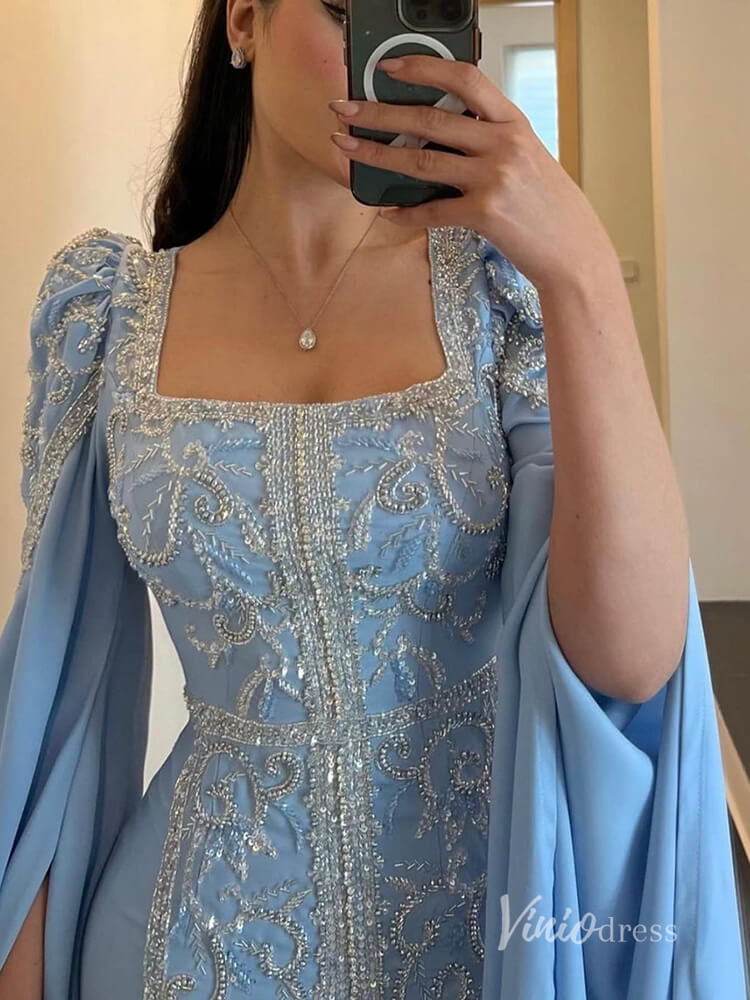 Light Blue Extra Long Sleeve Maxi Dresses Mermaid Beaded Lace Mother of the Bride Dress AD1143-Evening Dresses 2025 -Viniodress-Light Blue-US 2-