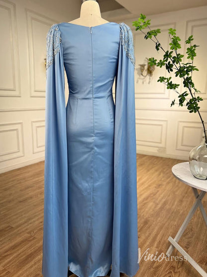 Light Blue Extra Long Sleeve Maxi Dresses Mermaid Beaded Lace Mother of the Bride Dress AD1143-Evening Dresses 2025 -Viniodress-Light Blue-US 2-