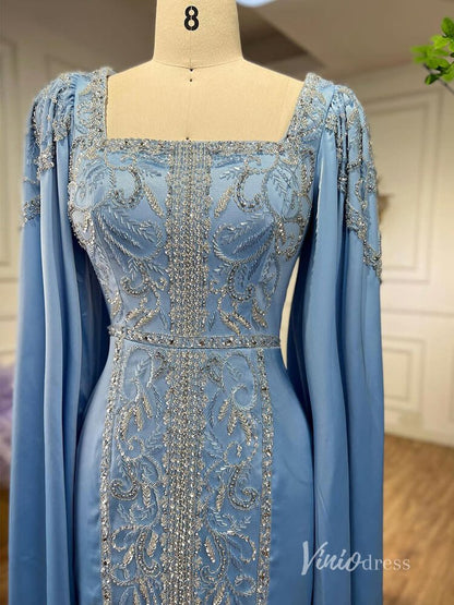 Light Blue Extra Long Sleeve Maxi Dresses Mermaid Beaded Lace Mother of the Bride Dress AD1143-Evening Dresses 2025 -Viniodress-Light Blue-US 2-