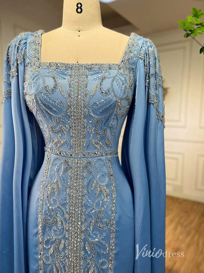 Light Blue Extra Long Sleeve Maxi Dresses Mermaid Beaded Lace Mother of the Bride Dress AD1143-Evening Dresses 2025 -Viniodress-Light Blue-US 2-