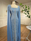 Light Blue Extra Long Sleeve Maxi Dresses Mermaid Beaded Lace Mother of the Bride Dress AD1143