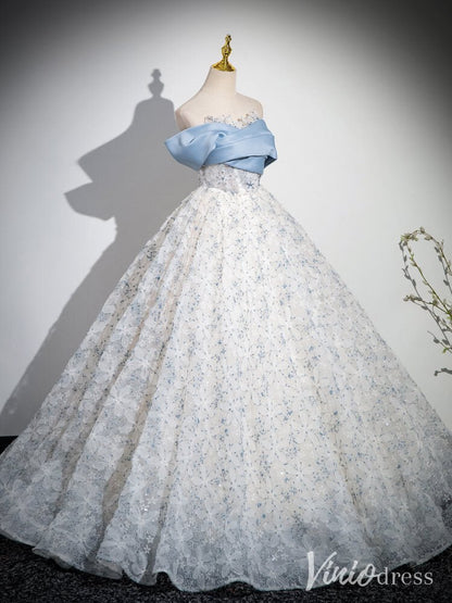Light Blue Floral Lace Prom Ball Gown Off the Shoulder Quinceanera Dress AD1342-prom dresses 2025 -Viniodress-Light Blue-Custom Size-
