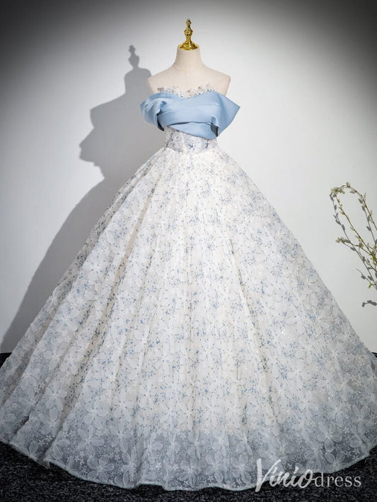 Light Blue Floral Lace Prom Ball Gown Off the Shoulder Quinceanera Dress AD1342-prom dresses 2025 -Viniodress-Light Blue-Custom Size-