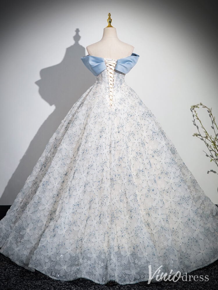 Light Blue Floral Lace Prom Ball Gown Off the Shoulder Quinceanera Dress AD1342 - Viniodressprom dressesLight BlueCustom Size - Formal Dresses - Ball Gowns