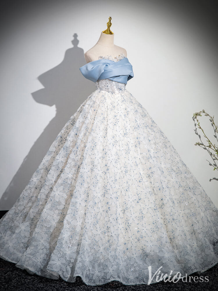 Light Blue Floral Lace Prom Ball Gown Off the Shoulder Quinceanera Dress AD1342-prom dresses-Viniodress-Viniodress