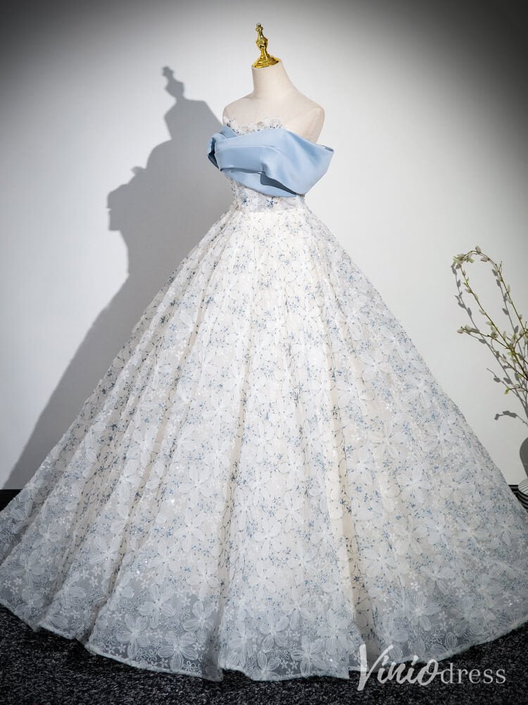 Light Blue Floral Lace Prom Ball Gown Off the Shoulder Quinceanera Dress AD1342 - Viniodressprom dressesLight BlueCustom Size - Formal Dresses - Ball Gowns