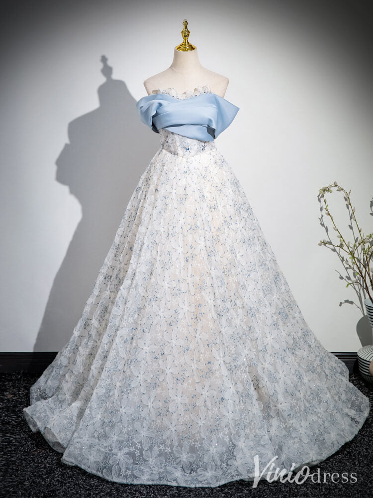 Light Blue Floral Lace Prom Ball Gown Off the Shoulder Quinceanera Dress AD1342-prom dresses-Viniodress-Viniodress