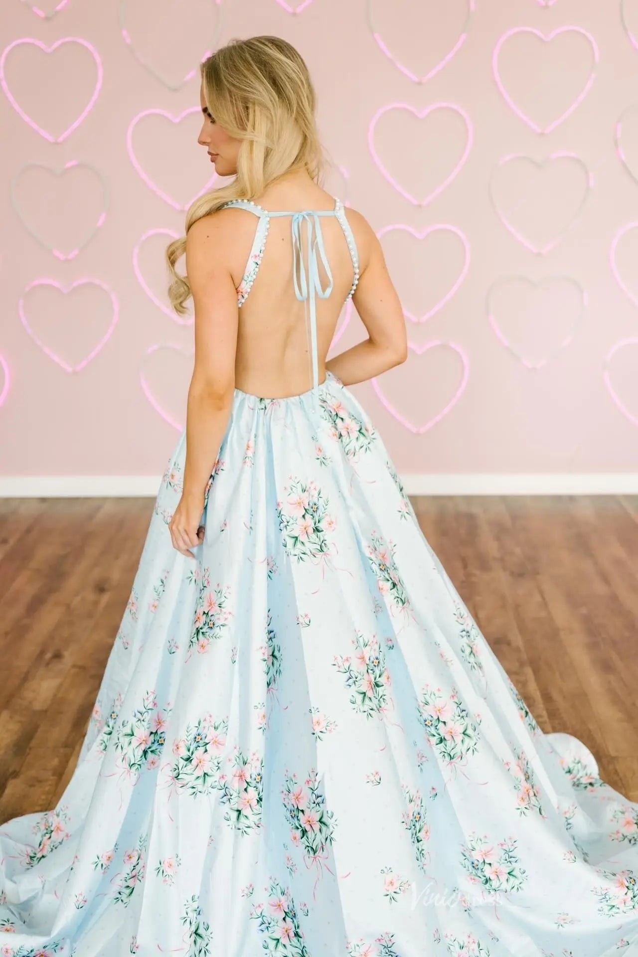 Light Blue Floral Prom Dress with Pearl Trim & Open Back AS043 Viniodress Light Blue Floral Prom Dress with Pearl Trim & Open Back AS043 Viniodress