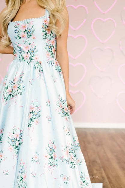 Light Blue Floral Prom Dress with Pearl Trim & Open Back AS043 Viniodress Light Blue Floral Prom Dress with Pearl Trim & Open Back AS043 Viniodress