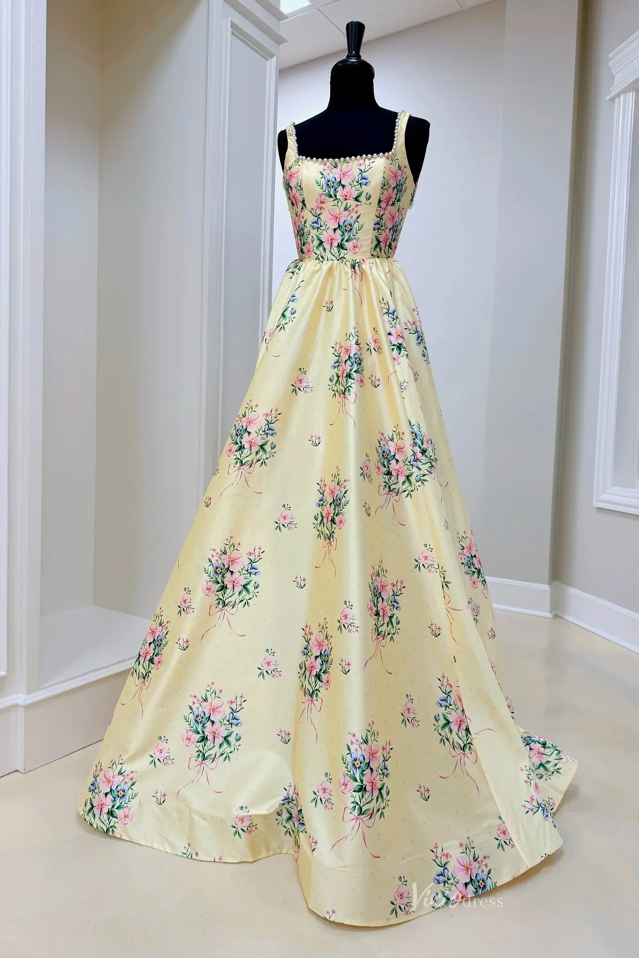 Light Blue Floral Prom Dress with Pearl Trim & Open Back AS043 Viniodress Light Blue Floral Prom Dress with Pearl Trim & Open Back AS043 Viniodress