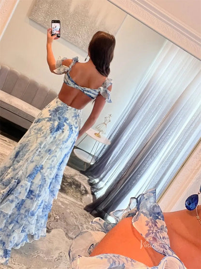 Light Blue Floral Print Tiered Prom Dresses with Slit, V-Neck & Crossed Bodice - FD5314-prom dresses 2025 -Viniodress-Blue-Custom Size-