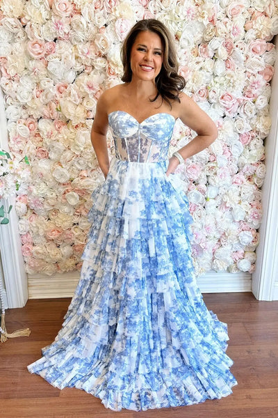 slim fit dress slacks Wedtrend Women Blue Prom Dress A-Line Off The Shoulder Floral Print Pleated Tulle Formal Dress, Blue / US16W main image 0