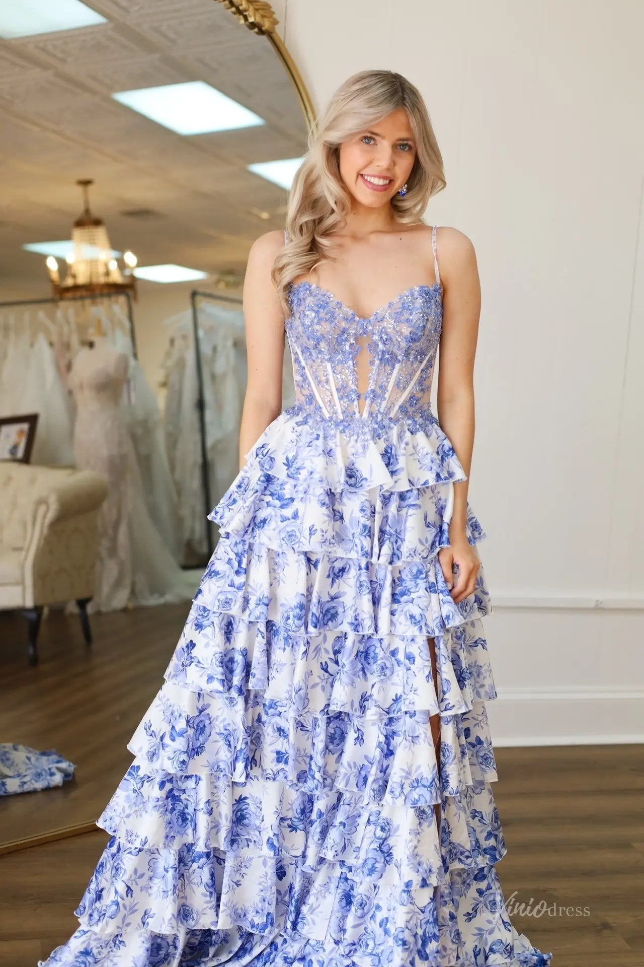 Light Blue Floral Prom Dress with Ruffle Skirt & High Slit – RF025-prom dresses 2026-Viniodress-Light Blue-Custom Size – Add Measurements in Cart-