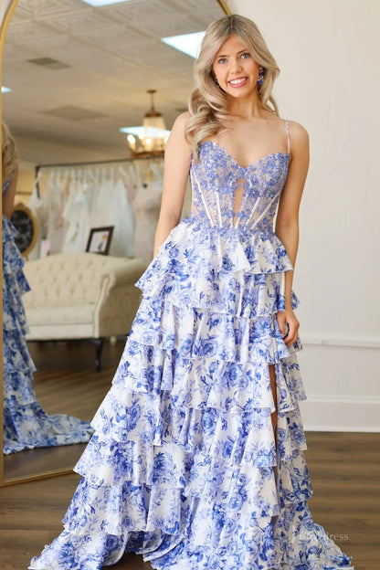 Light Blue Floral Prom Dress with Ruffle Skirt & High Slit – RF025-prom dresses 2026-Viniodress-Light Blue-Custom Size – Add Measurements in Cart-