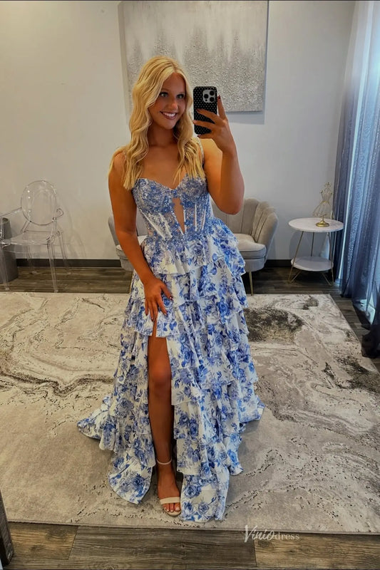 Light Blue Floral Prom Dress with Ruffle Skirt & High Slit – RF025-prom dresses 2026-Viniodress-Light Blue-Custom Size-