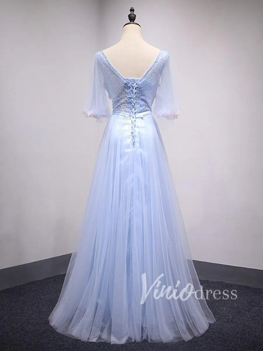 Prom Dress 2025 Light Blue Floral Prom Dresses with Sleeves FD1522-unique prom dresses-Light Blue-Custom Size-Viniodress