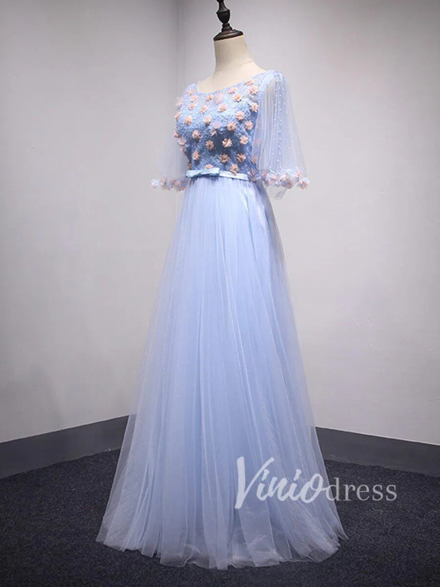 Prom Dress 2025 Light Blue Floral Prom Dresses with Sleeves FD1522-unique prom dresses-Light Blue-Custom Size-Viniodress