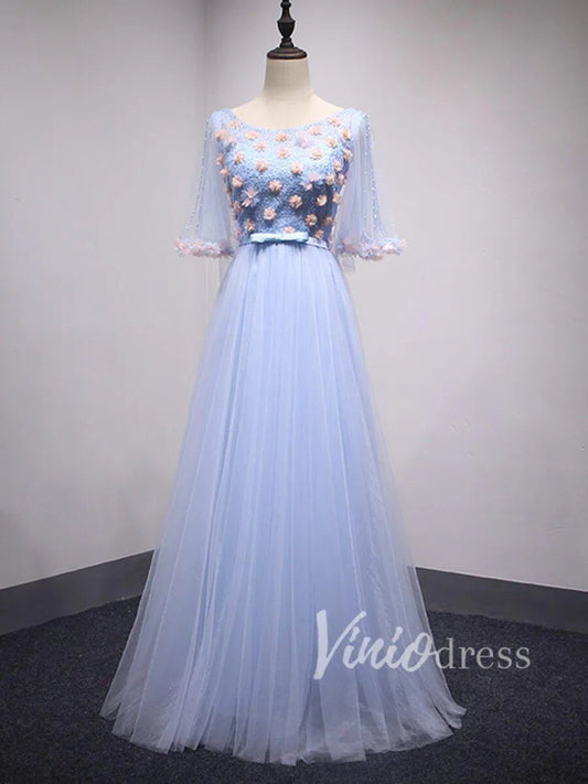 Prom Dress 2025 Light Blue Floral Prom Dresses with Sleeves FD1522-unique prom dresses-Light Blue-Custom Size-Viniodress