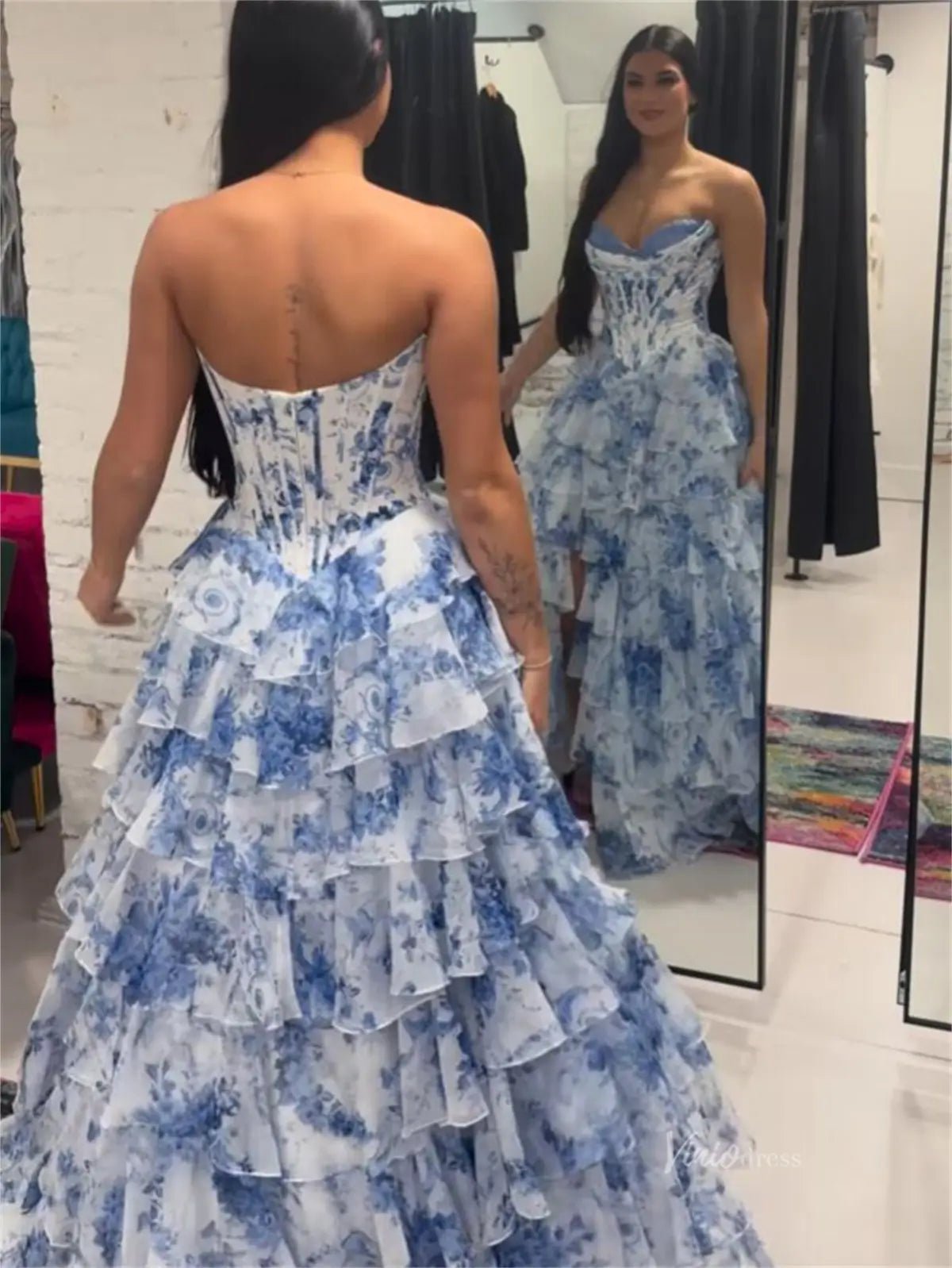 Light Blue Floral Tulle Tiered Prom Dresses with Slit & Lace Sweetheart Neckline - FD5313-prom dresses 2025 -Viniodress-Blue-Custom Size-
