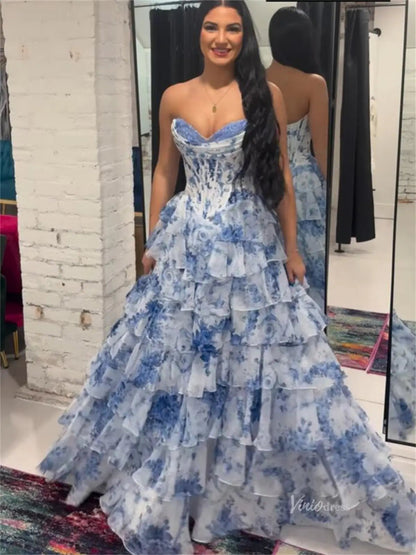 Light Blue Floral Tulle Tiered Prom Dresses with Slit & Lace Sweetheart Neckline - FD5313-prom dresses 2025 -Viniodress-Blue-Custom Size-