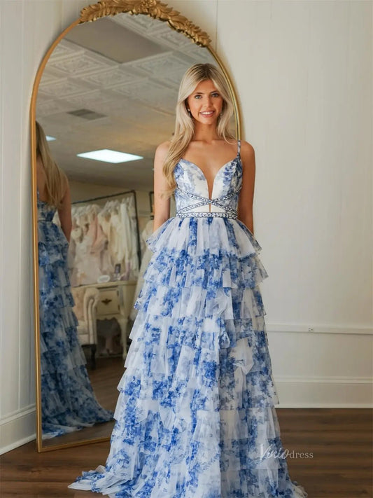 Light Blue Floral Tulle Tiered Prom Dresses with Spaghetti Straps & Sweetheart Neckline - FD5310-prom dresses 2025 -Viniodress-Blue-Custom Size-