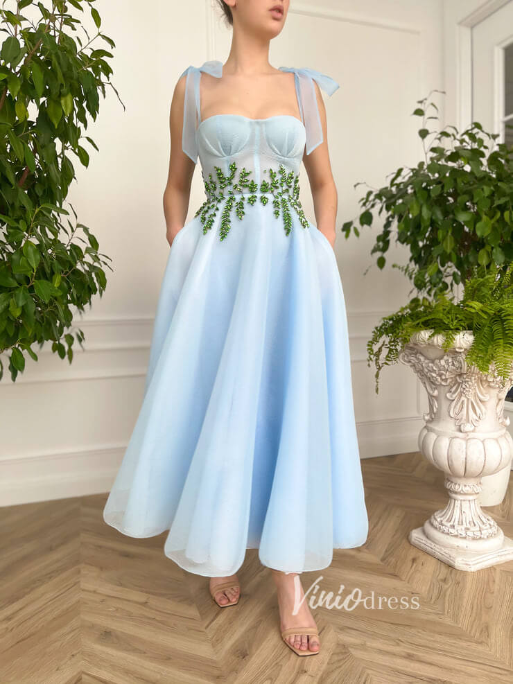 Short Prom Dresses 2025 Light Blue Formal Dress Green Beaded Prom Dress with Pockets FD2772-prom dresses-Viniodress-Light Blue-Custom Size-Viniodress