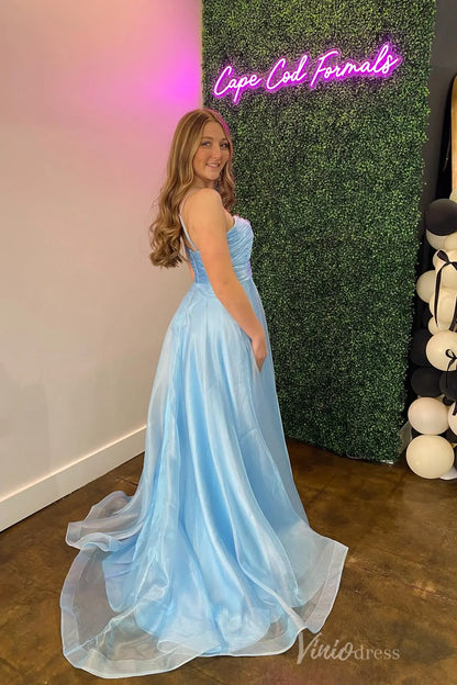 Light Blue Glitter Tulle Prom Dress with 3D Floral Bow, Keyhole Cutout, Chapel Train – AS029-prom dresses 2025 -Viniodress-Light Blue-Custom Size-