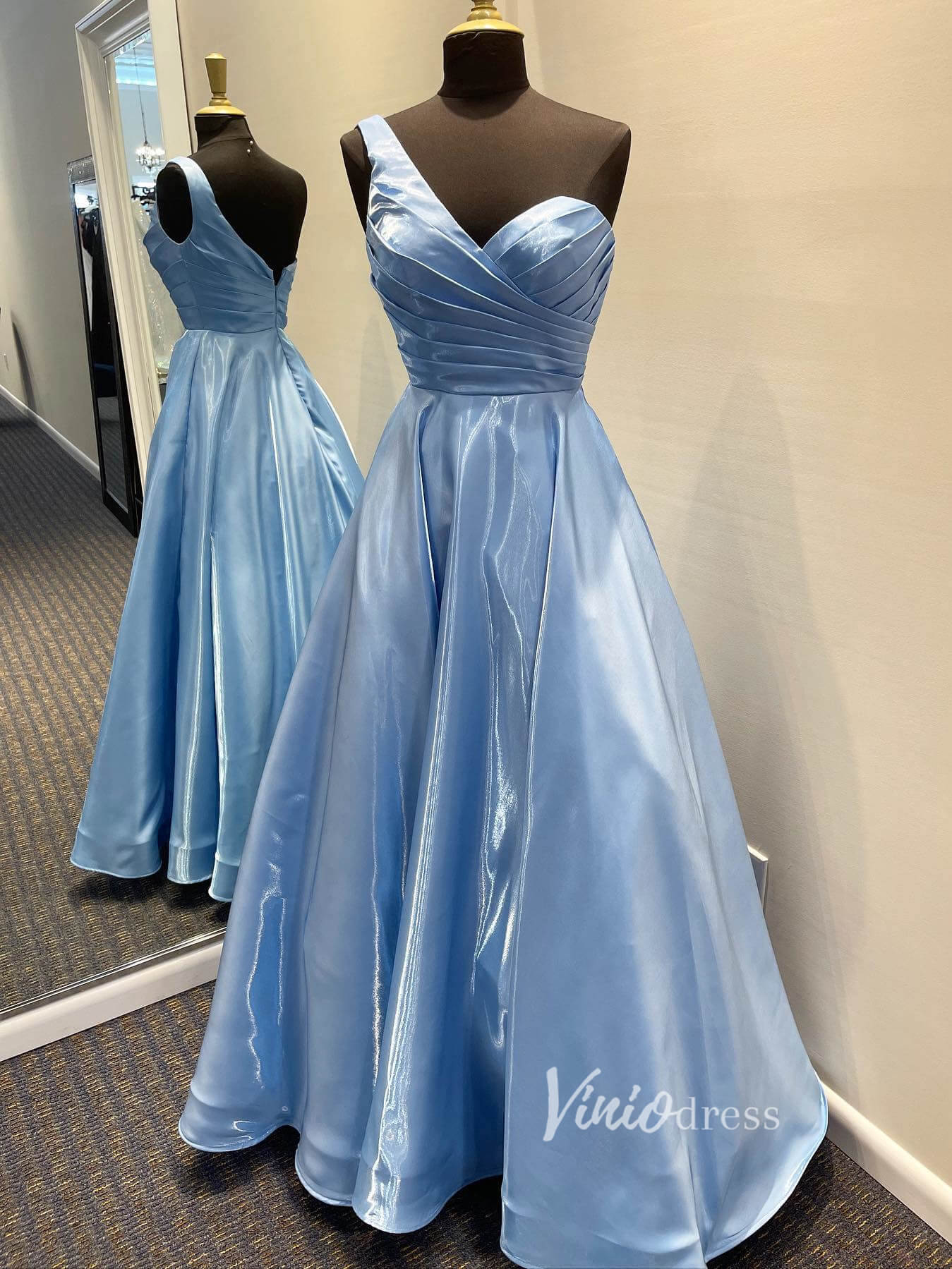 Light Blue Glittery Satin Prom Dresses One Shoulder Formal Gown FD2717-prom dresses 2025 -Viniodress-Light Blue-Custom Size-
